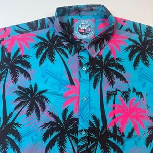 Retro Rifle Button Down Shirt Mens 3XL Teal Pink Palm Tree High Crown Stretch
